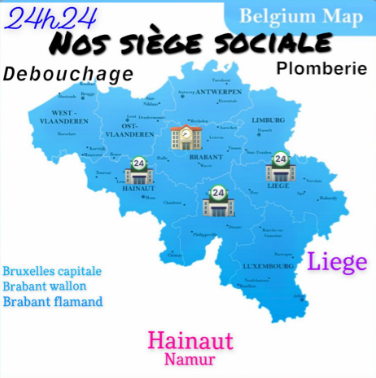 Carte des zones d'intervention en Belgique - Services de plomberie et débouchage 24h/24